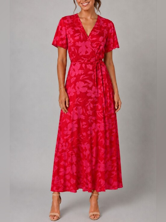 PrettyGarden Dresses & Skirts - Tropical Floral Wrap Dress Maxi Pink Red Tie Waist Short Sleeve Women Size Small